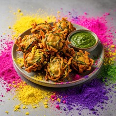 Fototapeta premium Crispy vegetable pakora fritters on plate with green chutney sauce. Colorful Holi powder splashes yellow pink purple around snacks. Indian street food served for festive celebration, Holi festival