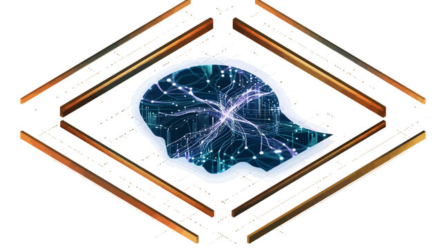 Abstract representation of a human head with glowing neural network inside a golden isometric diamond frame, symbolizing AI and technology.