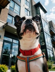 Fototapeta premium Cute Boston Terrier dog looks up at camera wearing red collar, rainbow harness. Small black, white puppy sits outside modern apartment building in suburb. Adorable pet mammal enjoys sunny day near
