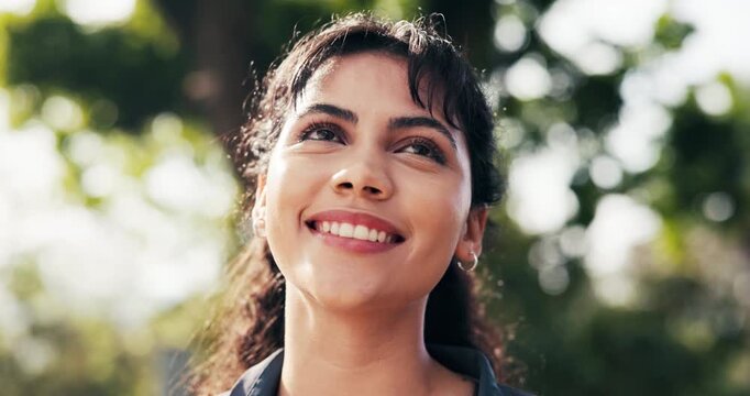 Happy, woman and thinking outdoor with fitness, positive mindset and remember idea on exercise break. Bokeh, person and smile in nature with wellness, reflection and optimistic for training goals.