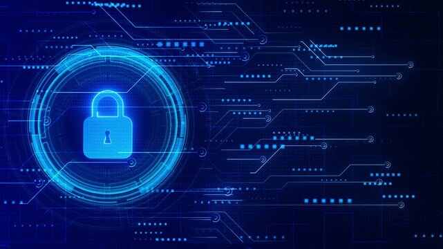 Luminous lock keyhole circular digital interface electronic pathways. Blue grid details bright square accents create technology background for authentication, information security, network protection