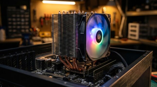 A close-up view inside a computer case reveals a server cooling fan with vibrant RGB lighting attached to a large metal heatsink and copper heat pipes sitting on a motherboard