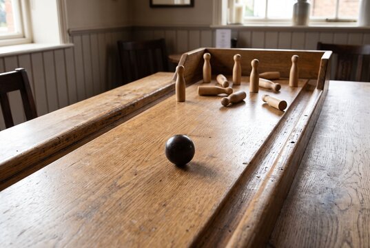 Traditional Wooden Table Skittles Game on Tabletop Lane in Indoor Leisure Setting