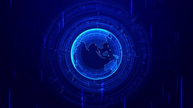 Cyan continental outlines central digital globe, concentric rings fine light trails. futuristic world broadcast titles, global connectivity explainers, mapping concepts, international technology video