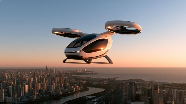 Futuristic Electric Air Taxi Flying Over Urban Waterfront Skyline at Sunset, Autonomous eVTOL Concept