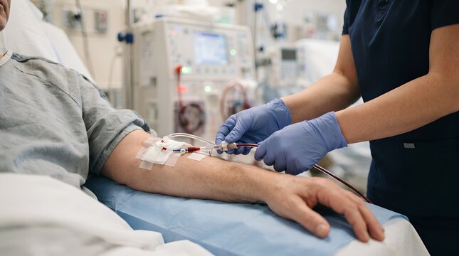 Nurse managing dialysis blood tubing and vascular access during renal treatment