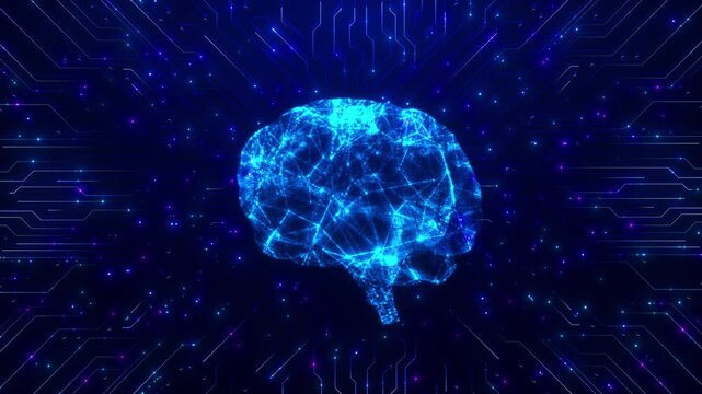 Electric blue brain luminous circuit paths futuristic neural network dark backdrop. nodes fine mesh lines cognitive computing research presentations, innovation campaigns, digital technology content.