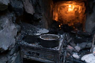 Fototapeta premium The Old Stove in Charred Kitchen Ruins Bathed in Ember Light and Ash