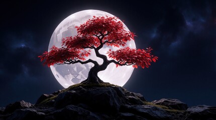 Fototapeta premium Vibrant red bonsai tree grows on dark rocky mound. Large glowing full moon sits in night sky behind miniature plant. Zen oriental style silhouette with bright foliage, mystical atmosphere. Beautiful