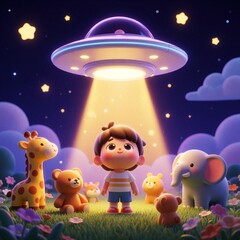Fototapeta premium Cute boy, zoo animals look at bright UFO in starry night sky. Little child with giraffe, elephant, teddy bear, fox watch flying saucer beam light. Magical fantasy scene with cosmic adventure, space
