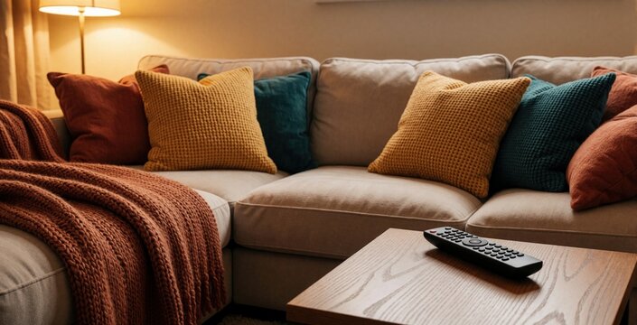 Cozy living room with large beige sofa, colorful pillows. Warm light from lamp shines on soft cushions, knit blanket. Remote control sits on wooden coffee table. Perfect space for home relaxation,