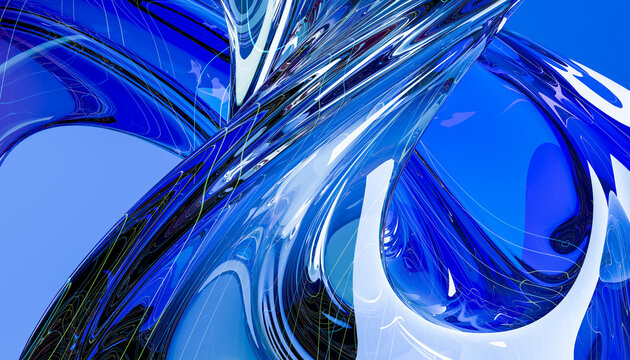 Abstract digital art with twisting blue glass-like shapes