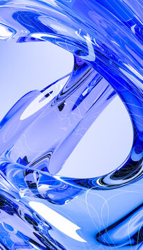 Abstract blue glass shapes with smooth curved surfaces and reflections