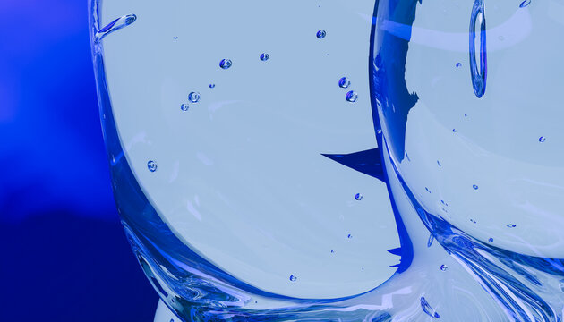 Abstract blue liquid with bubbles in transparent glass surface