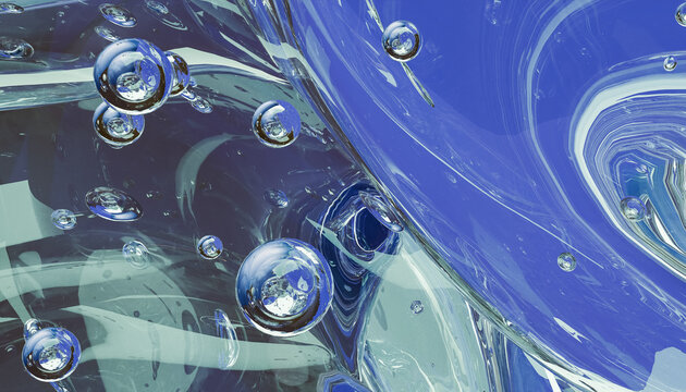 Abstract digital illustration of blue reflective liquid bubbles