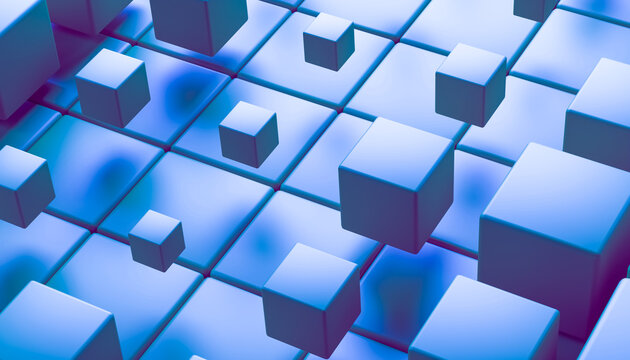 Blue 3d cubes floating over grid in abstract digital render wallpaper