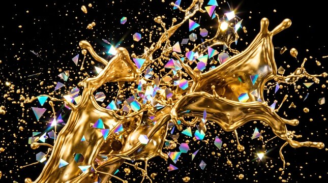 Frozen Liquid Gold Splash with Iridescent Holographic Confetti on Black OLED Background, Luxury Celebration Stock Image