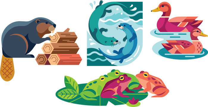 Colorful flat wildlife vector illustration with beaver, seals, ducks and frogs for educational nature materials