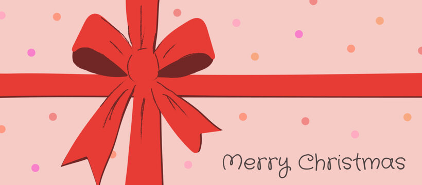 Hand drawn Merry Christmas banner with textured brush. Coquette retro festive horizontal web header template with ribbon bow gift wrap for holiday background. 