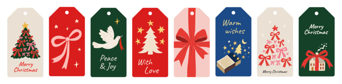 Hand drawn Christmas gift tag set. Coquette retro festive vertical holiday labels collection with xmas tree, bows, dove, holiday house and ribbon wrap for present packaging. 
