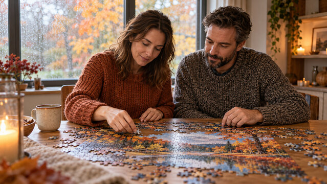Couple assembling an autumn woodland jigsaw puzzle at home