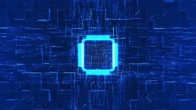 Processor outline anchors blue blocks fine cyan connections. circuit paths small particles abstract hardware visual for AI computing presentations, electronic engineering explainers, technology ads.