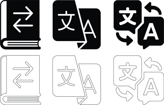 Translation icon set featuring language symbols, letters, and character speech bubbles for multilingual communication, interpretation, learning, and localization. 
