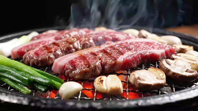 Korean Galbi Samgyeopsal Grilling On Charcoal Grill With Garlic And Mushroom