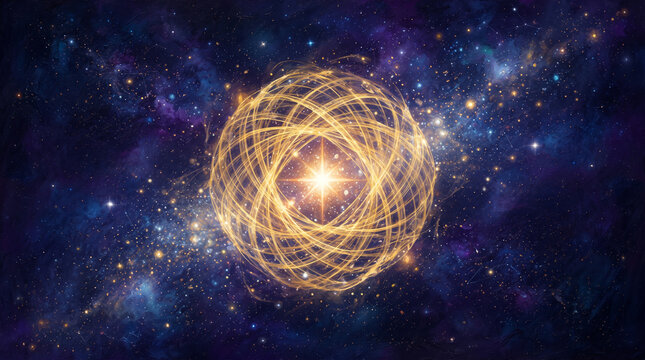Abstract cosmic background with a glowing golden sphere of light energy surrounded by swirling rings in deep space with nebula and stars
