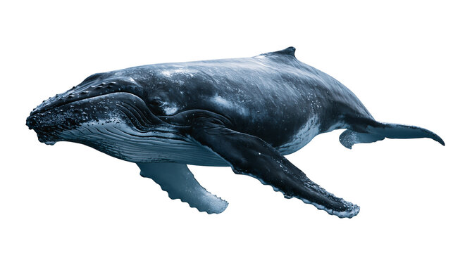 Large humpback whale swimming with long pectoral fins and textured dark skin