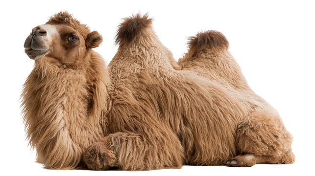 Bactrian camel with thick shaggy brown fur resting in a lying position