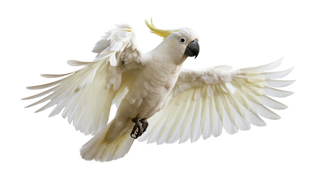 Sulphur-crested cockatoo flying with wings spread wide
