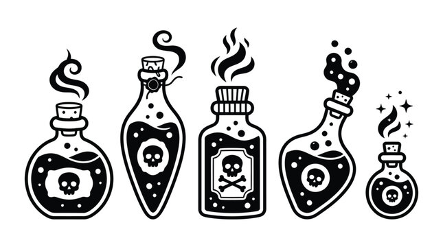Five magic potions with skull labels illustration