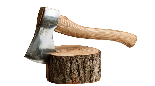 Sharp steel axe head embedded in a round wooden log stump with grain texture