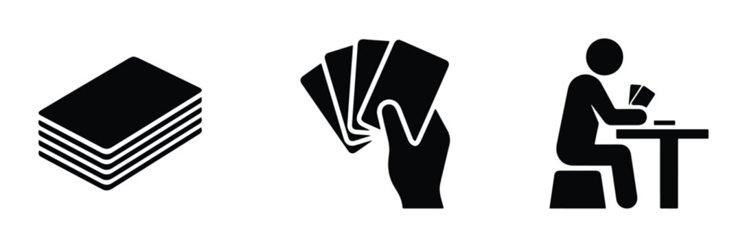 Playing cards set with hand holding cards and person at table, gambling and leisure icons