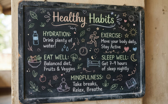 Chalkboard with healthy habits and wellness lifestyle tips handwritten in colorful chalk for education and fitness