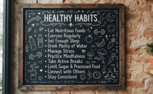 Chalkboard sign featuring healthy habits and wellness tips for lifestyle improvement and motivation