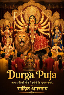 Colorful Durga Puja Celebration With Devotees Worshipping Goddess Durga
