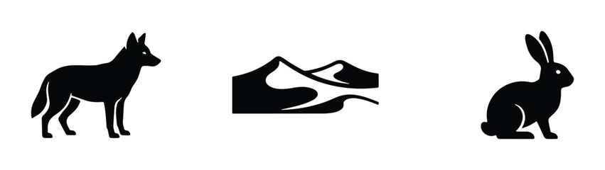 Fototapeta premium Desert animals and landscape silhouettes set with coyote and rabbit, signage and print