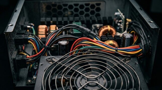 A close up view of an open power supply unit featuring colorful wiring, circuit boards, and a server cooling fan mounted inside the metallic computer hardware housing