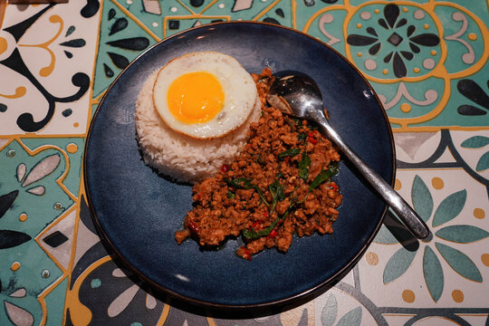 A plate of Thai Basil Minced Pork Rice