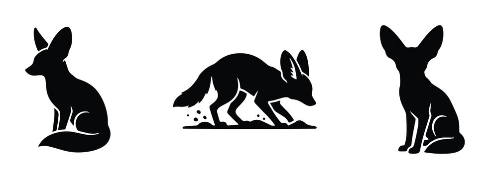 Fennec fox silhouettes set with digging and sitting poses for wildlife logos