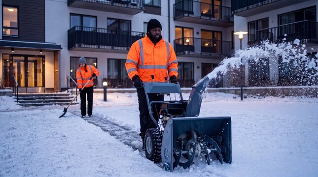 Snow removal crew with snow blower and shovel at an apartment complex
