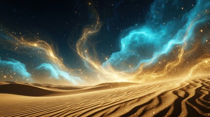 Fototapeta premium Surreal desert landscape with glowing golden dust swirling like nebula in night sky. Magical celestial storm of light, sand clouds over dunes. Dreamy fantasy scene with sparkling stars, bright blue