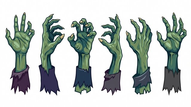 Spooky green zombie hands illustration set with various creepy gestures isolated on white background
