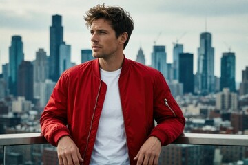 Fototapeta premium Young caucasian man wears red bomber jacket, white tee. Male model stands on rooftop terrace overlooking urban city skyline. Thoughtful guy looks away towards skyscrapers in metropolitan area.