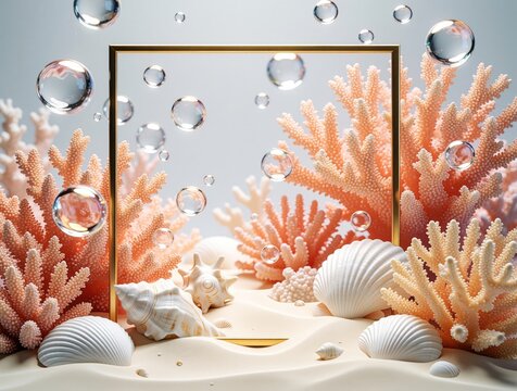 Vibrant coral reef, white seashells on sandy ocean floor. Floating transparent bubbles drift around gold frame podium. Pink coral textures create dreamlike underwater scene. Beautiful aquatic nature