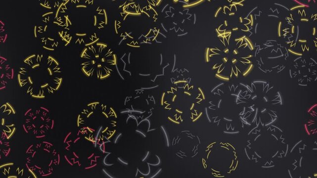 Glowing neon circular doodle patterns drifting on black background