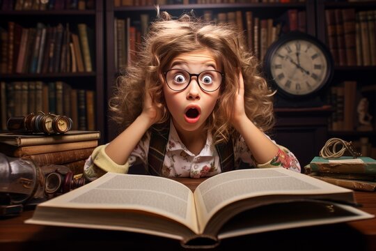 Curious young girl with disheveled hair and eyeglasses, wide eyed and mouth agape, clutching her head while engrossed in an open book at a vintage library desk surrounded by shelves