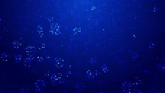 Circular clusters of tiny dots deep navy backdrop finer glowing points. An atmospheric halftone provides depth for title cards, concert visuals, brand graphics, modern presentations, digital themes.